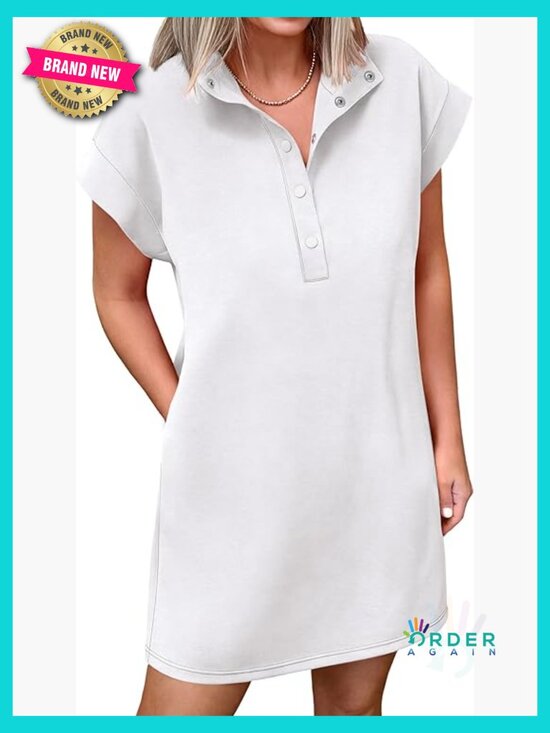 Dresses & Skirts - Summer Casual Mini Shift Dress Short Sleeve V Neck Button Down Chic